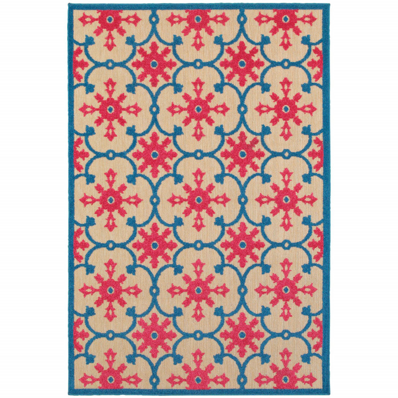 Luisa Floral Indoor/Outdoor Area Rug in Pink/Blue/Sand, Rectangle 3'10" x 5'5"
