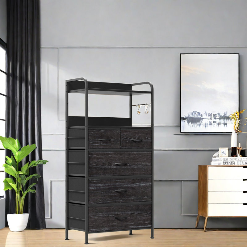 5 Drawers Dresser For Bedroom With Shelf, Chest Of Drawers, Tall Fabric Storage Dresser For Living Room, Black