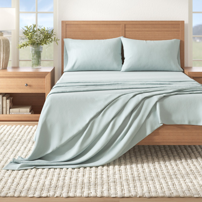 Ensemble de draps 100% flanelle de coton, Uni / bleu clair, Très grand californien avec deux taies d'oreiller