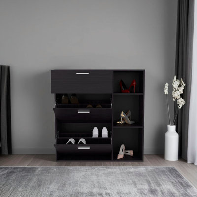 Range-chaussures à 3 portes avec tablettes intérieures et tablettes latérales, armoire de rangement à un tiroir