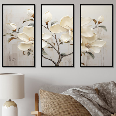«Magnolias beige et vert», ensemble d'art mural sur toile Magnolias