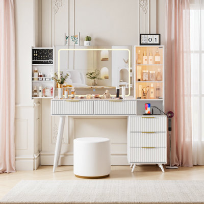 Ensemble coiffeuse 59 po avec miroir en DEL, coiffeuse 11 tiroirs et tabouret