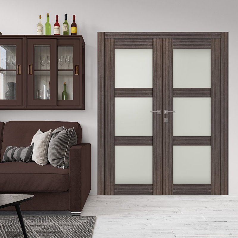 Double porte pré-montée intérieure en bois manufacturé et en verre givré Palladio 3 Lite, 60 po x 80 po, Blanc noble