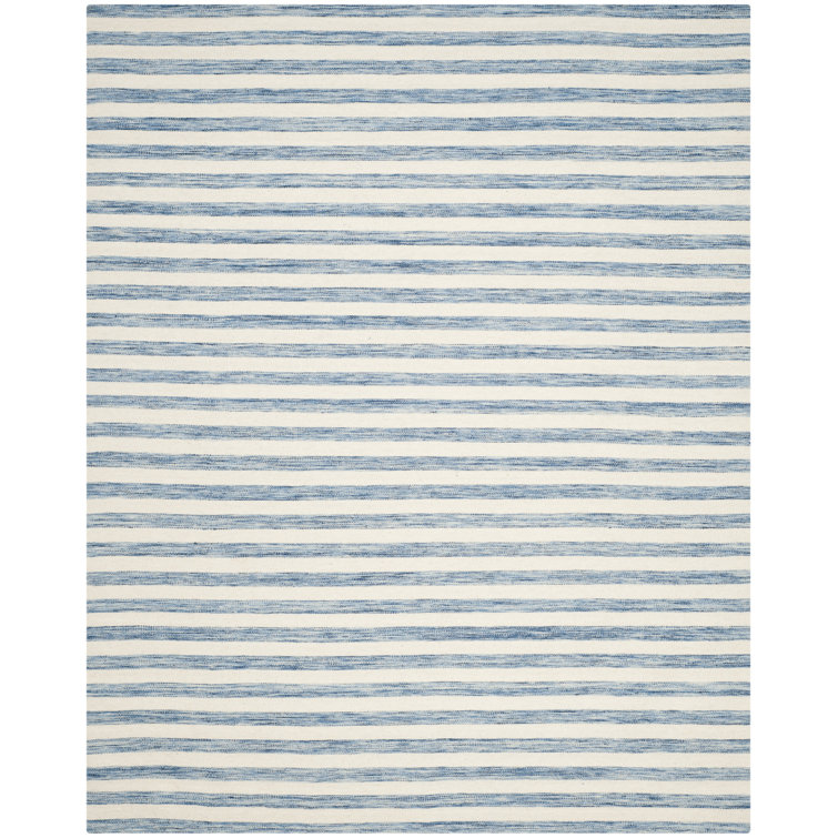 Emek Hand Woven Flat Weave Wool/Cotton Striped Rug in Blue/Ivory