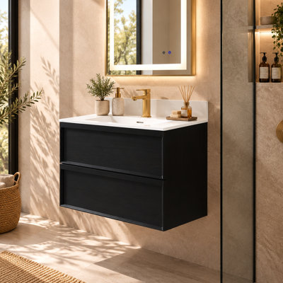 Meuble-lavabo suspendu moderne noir de 76 cm (30 po), armoire préassemblée en placage de bois massif, lavabo en surface solide avec dosseret pour salle de bain contemporaine