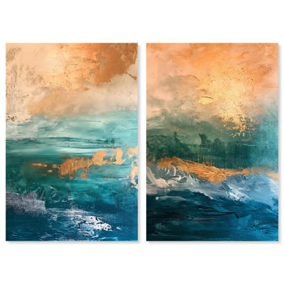 Coastal Glint Duo Canvas Print Sage Gold Wall Art Set by Art Remedy, Black Frame, 10 x 15