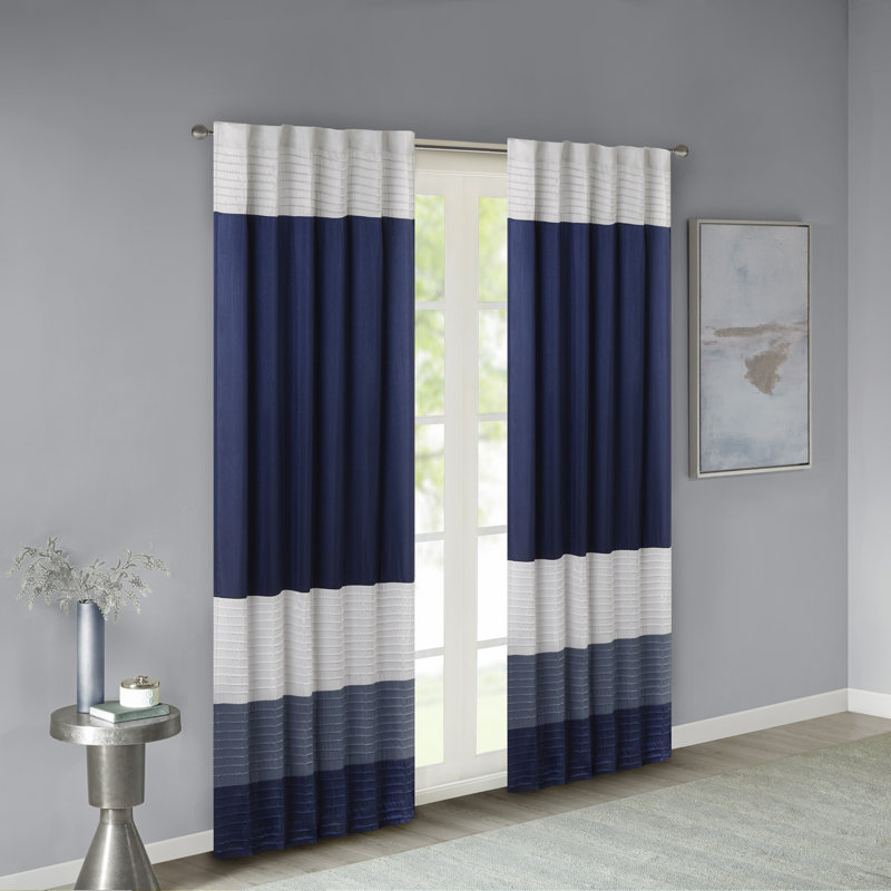 Navy and White Faux Silk Light-Filtering Drapes
