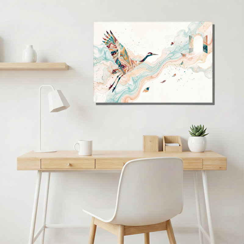 Toile abstraite grue volante en sarcelle marbrée et pêche, H 18 po x l 24 po