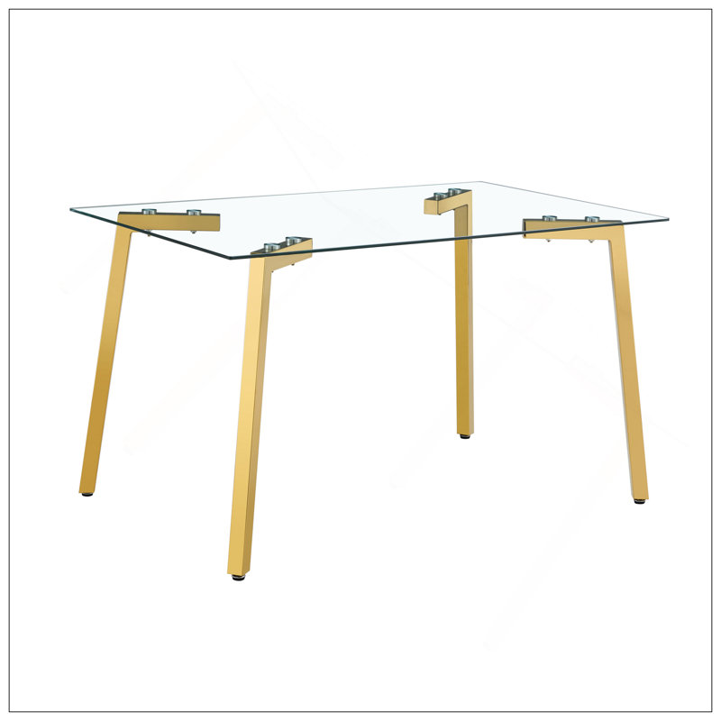 Table de salle à manger rectangulaire moderne en verre de 130 x 80 x 75 cm, avec pieds trempés et dorés transparents, convenant parfaitement aux petits espaces. Table de salle à manger de 130 x 80 x 75 cm