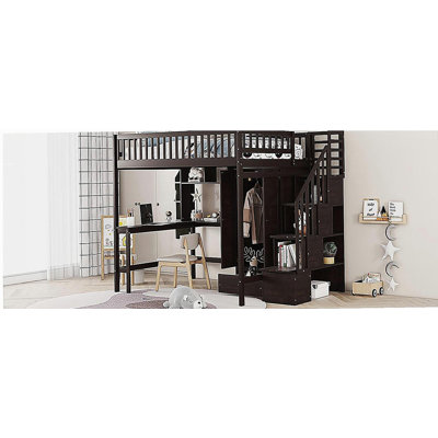 Full size Loft Bed with Bookshelf,Drawers,Desk,and Wardrobe-Espresso