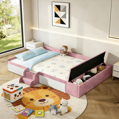 Lit rembourré moderne avec banc de rangement et marchepied Montessori