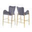 Ensemble de 2 tabourets de bar à hauteur de comptoir 28,75 pouces, tabourets en velours avec pieds et repose-pieds dorés, gris