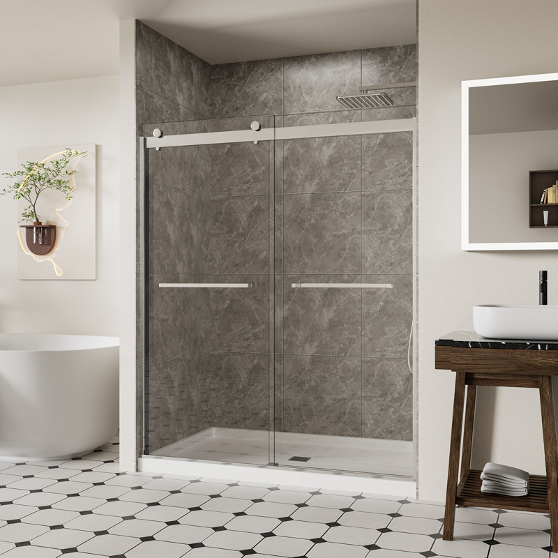 Porte de douche coulissante double sans cadre de 56 à 60 po x H 74 po avec verre trempé transparent de qualité supérieure de 5/16 po (8 mm), finition chromée