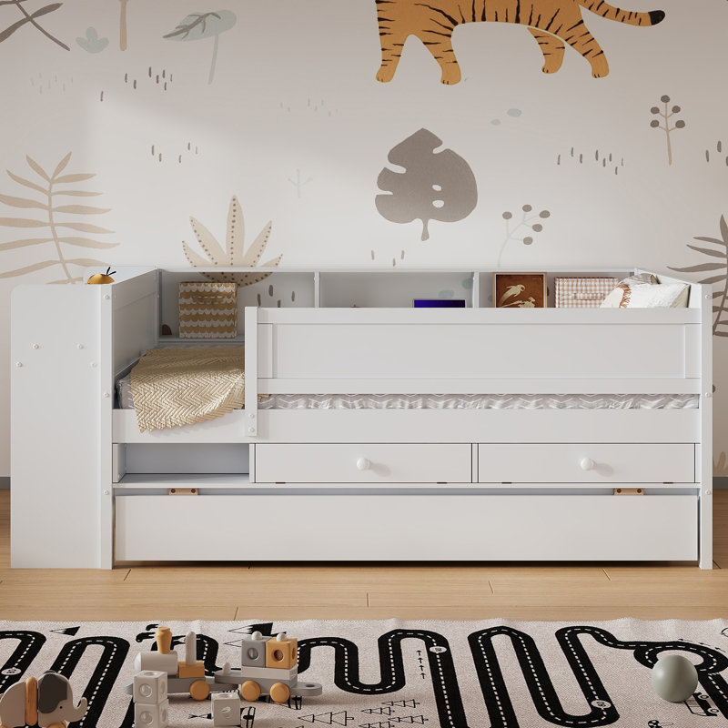 Multi-Functional Twin Daybed with Trundle, Drawers, Storage Headboard & Built-in Study Desk, Wooden Day Bed White