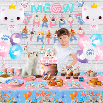 Cat Party Supplies,116pcs Cat Birthday Decorations & Kitten Dinnerware Set