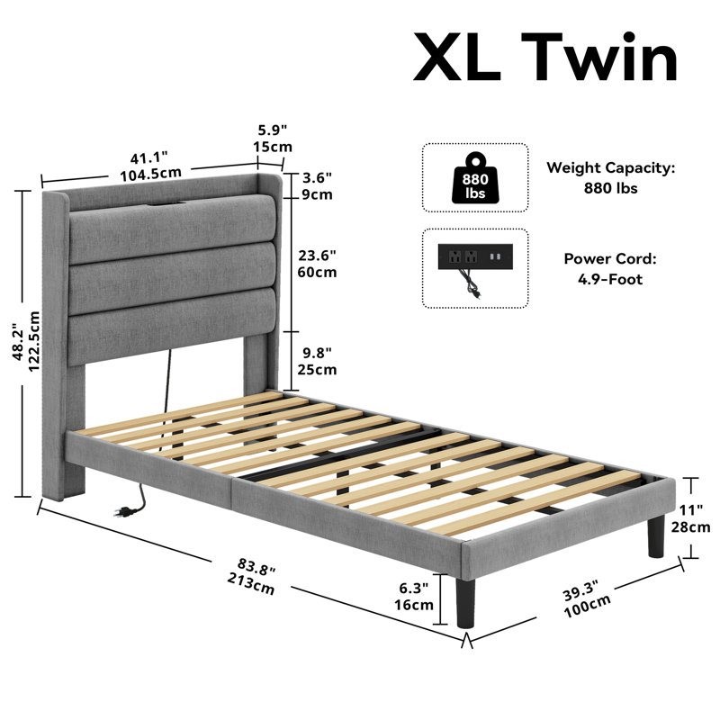 Modern Style Fabric Upholstered Bed XL Twin Size, Platform Bookshelf Bed With Power Outlets, Grey