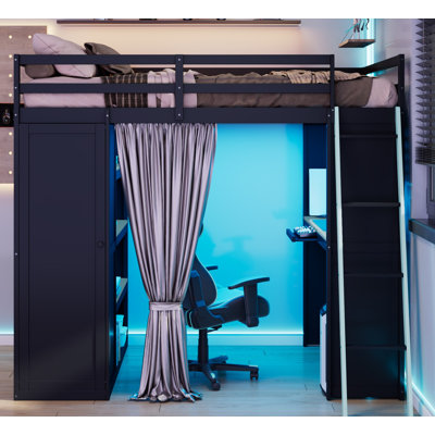 Lit mezzanine en bois pleine grandeur avec garde-robe, tablettes, rideaux occultants et lumières RVB, noir et bleu