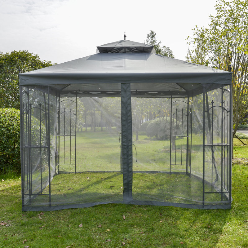 Gray Steel Patio Gazebo with Mesh Curtains and Shelves