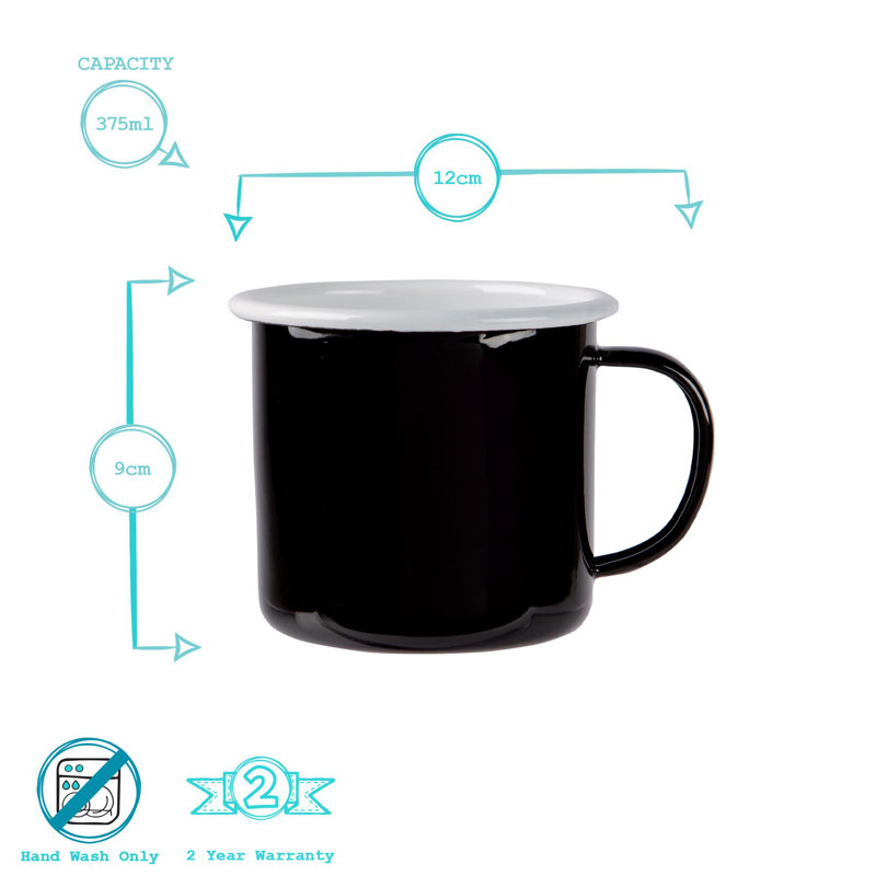 Argon Tableware - Coloured Enamel Mugs - 375ml, Black, 6