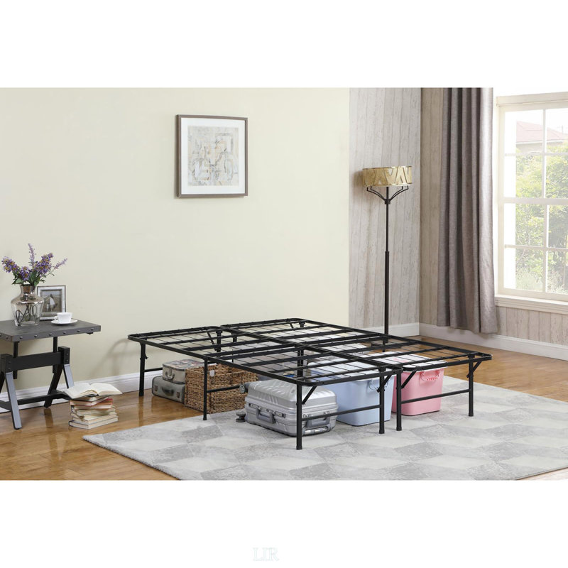 Lit plateforme noir robuste avec conception pliable et structure en acier durable, parfait pour les chambres d'amis et les décors minimalistes.