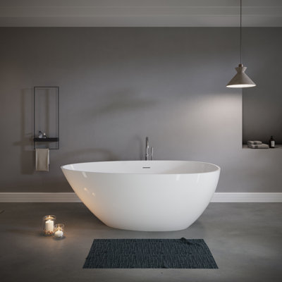 59" Solid Surface Freestanding Soaking Tub, Glossy White, High - Density Material, Good Heat Retention, Modern Aesthetic Stone Resin Bathtub With Center Drain, Long Lasting Quality, Comfortable Soak,