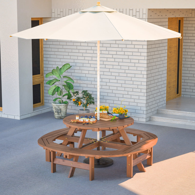 Table de pique-nique ronde en bois massif pour 12 personnes avec trou pour parasol