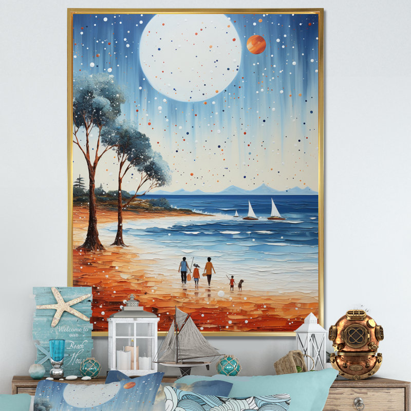 «Beach Sandy Serenade Pointillism I», reproduction sur toile, H 20 po x l 12 po x P 1 po, Cadre flottant doré