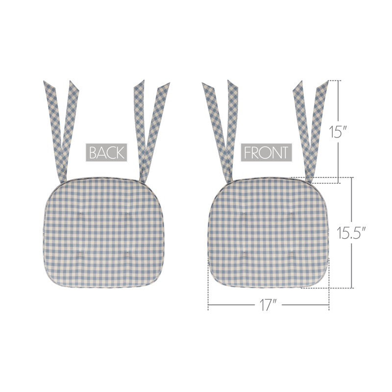 Cottage Blue Checked Woven Chair Pad with Ties - 15.5x17 Farmhouse Cottage Seat Cushion, Blue/Cream Checkered