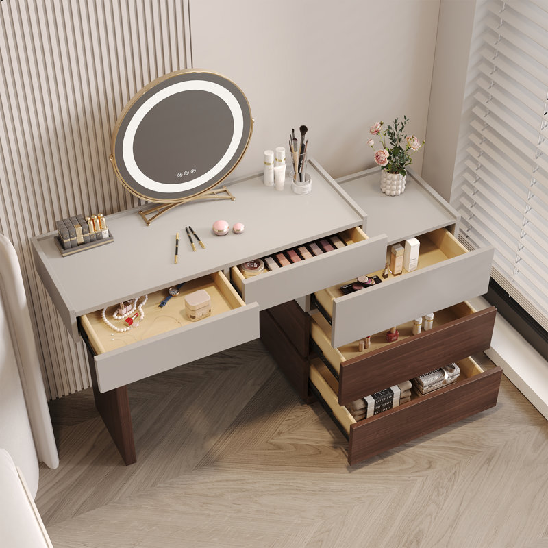 Coiffeuse de maquillage moderne rotative à 360 ° avec 5 tiroirs, coiffeuse avec rebord haut, coiffeuse convertible en forme de L / rectangulaire avec plateau en MDF peint