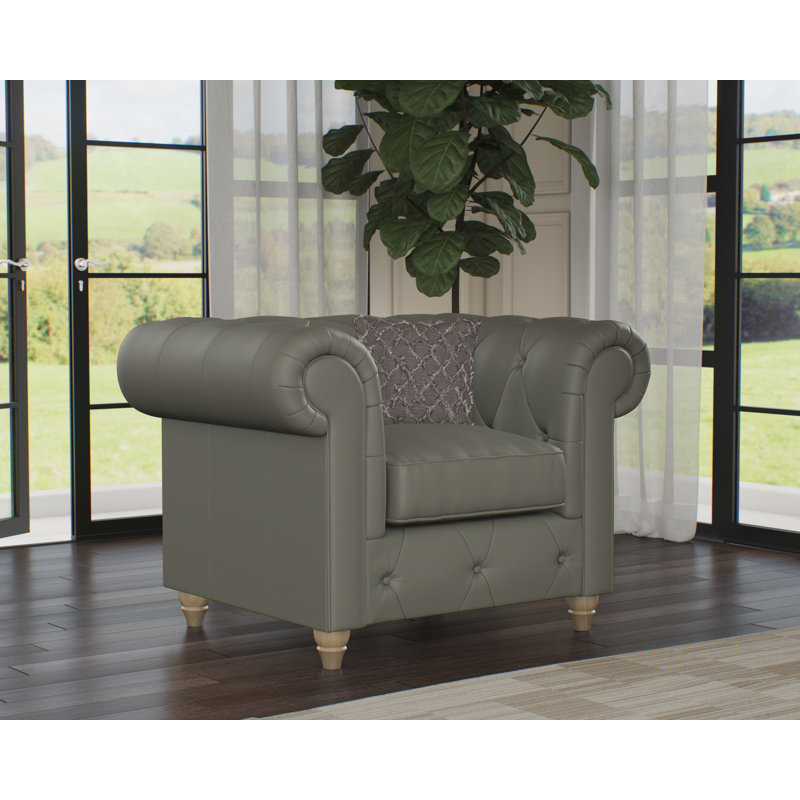 Melrose 115Cm Wide Tufted Genuine Leather Armchair, Stone Grey, Walnut