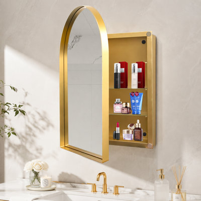24x36 Inch Arched Recessed Medicine Cabinet, Metal Framed Bathroom Wall Cabinet with Mirror and Adjustable Shelves, Wall Mirror with Storage for Bathroom, Matte Gold