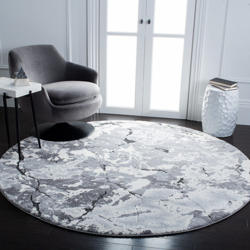 Tapis abstrait gris / ivoire, Rond 6 pi 7 po