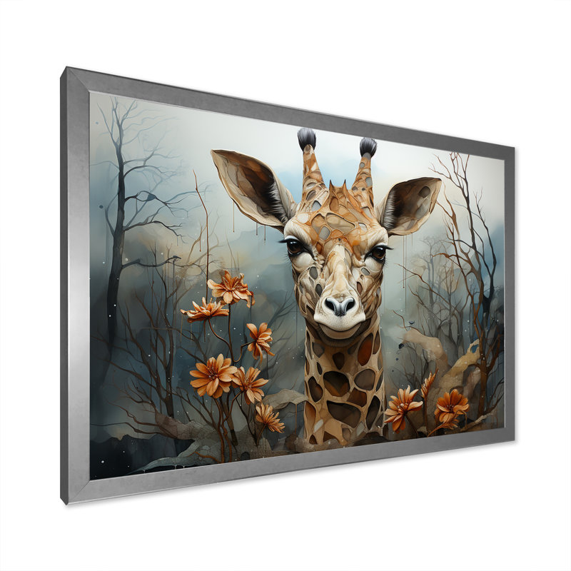 Mignonne girafe dans un champ de fleurs II, H 34 po x l 44 po x P 1,5 po, Cadre simple argenté