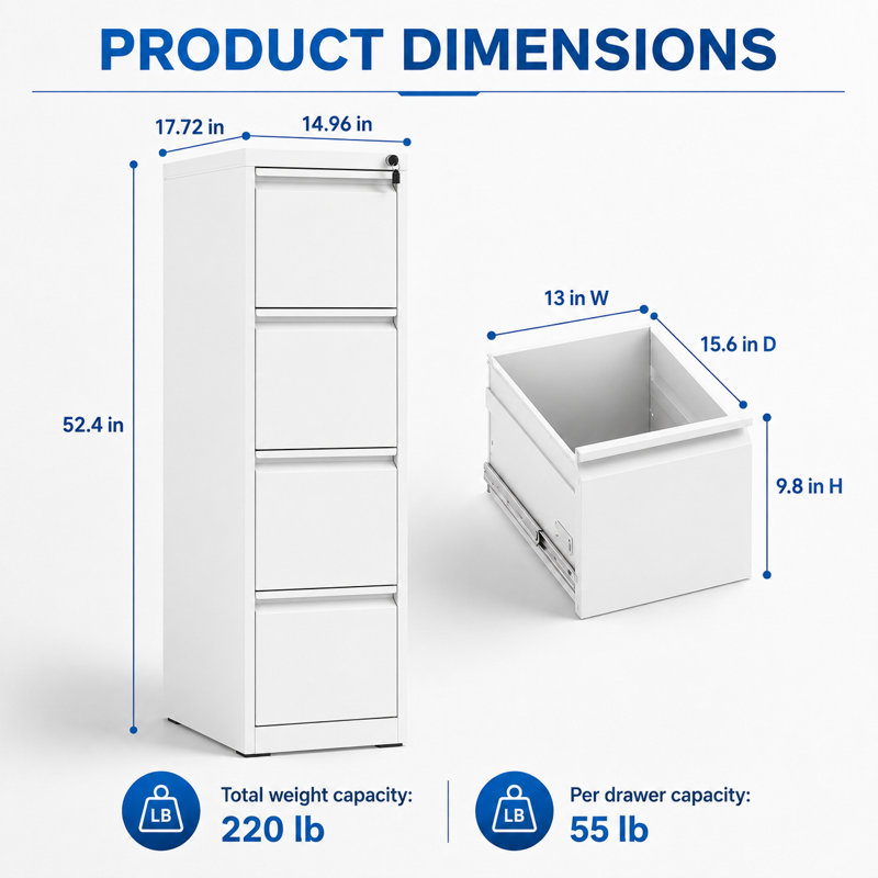 Bizoe White 4-Drawer Vertical Metal File Cabinet with Lock, Letter Legal A4 Hanging Files, Full Extension Drawers for Home Office