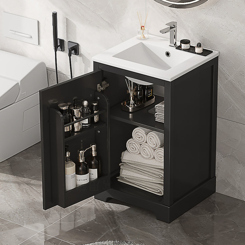 Meuble-lavabo autoportant de 20 po avec comptoir d'évier, armoire en panneau de fibres à densité moyenne avec porte à fermeture en douceur, 1 tiroir et support de rangement, noir