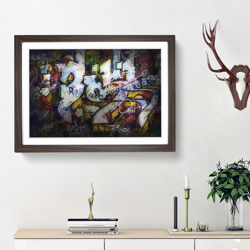 Multi-Coloured Wall Graffiti - Picture Frame Painting Print, 36cm H x 48cm W x 2cm D, Walnut Framed