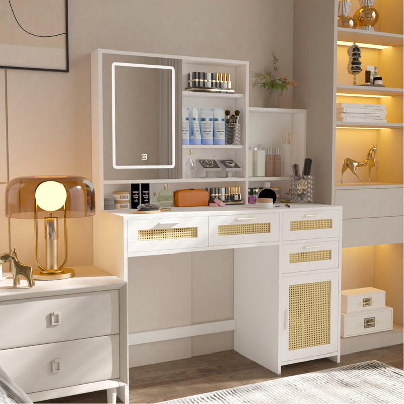 Makeup Vanity With Lights In 3 Colors Openable Mirror, Vanity Desk With 4 Drawers 1 Cabinets Shelves, Vanity Table Rattan Vanity Dresser, For Bedroom