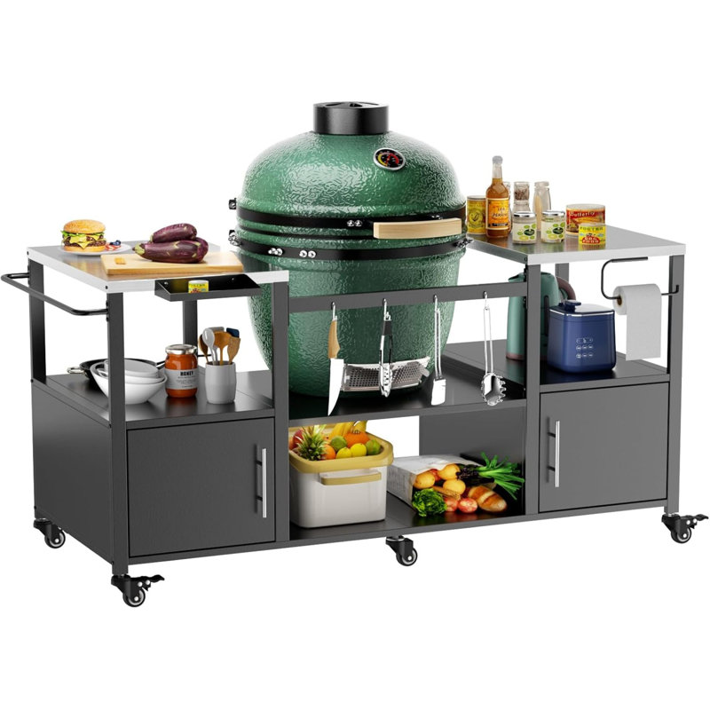 Table de chariot d'extérieur en métal avec rangement pour grand barbecue