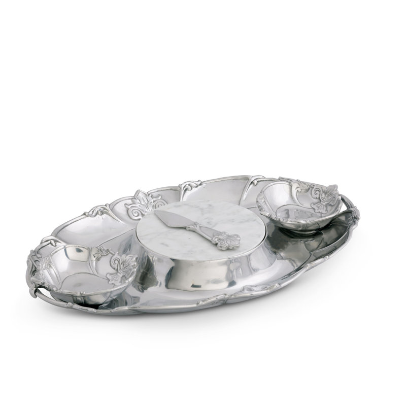 Arthur Court Fleur De Lis Aluminum Oval Serving Tray with Marble Insert