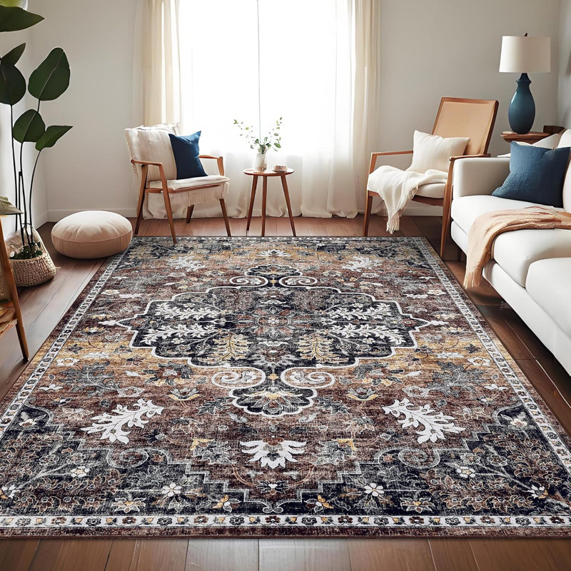 Thin Washable Runner Rug 2x6 Non-Slip Non-Shedding Vintage Hallway Runner Stain-Resistant Indoor Entryway Brown/Red