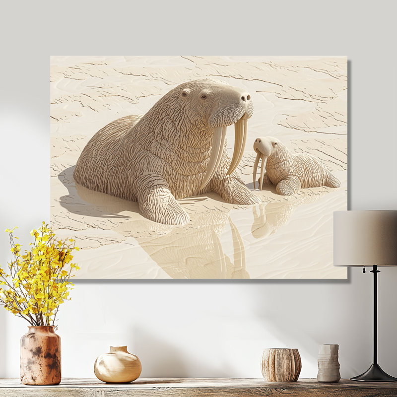 Morse, scène nautique en été I - animaux, impression murale en métal, H 12 po x l 20 po x P 0,84 po