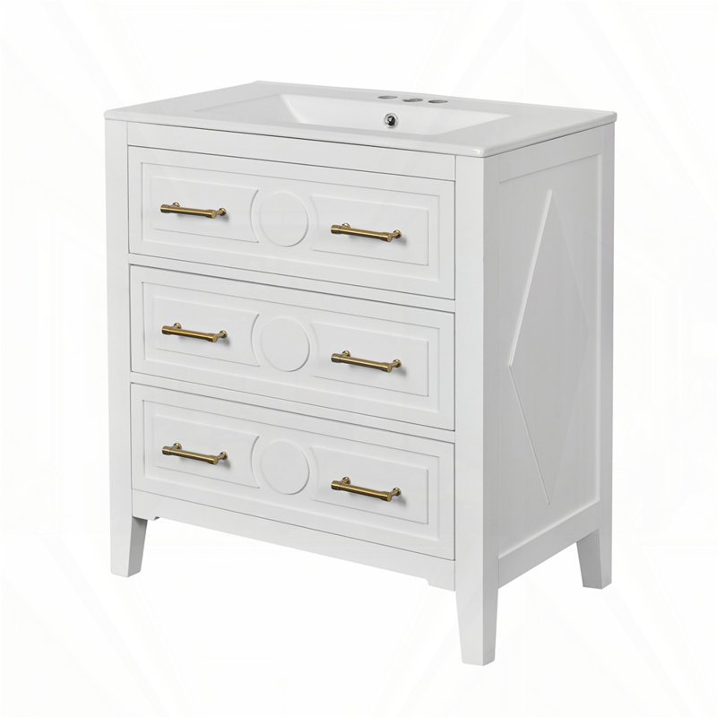 Ensemble de meuble-lavabo de 30 po avec lavabo en céramique pour la salle de bain, Blanc