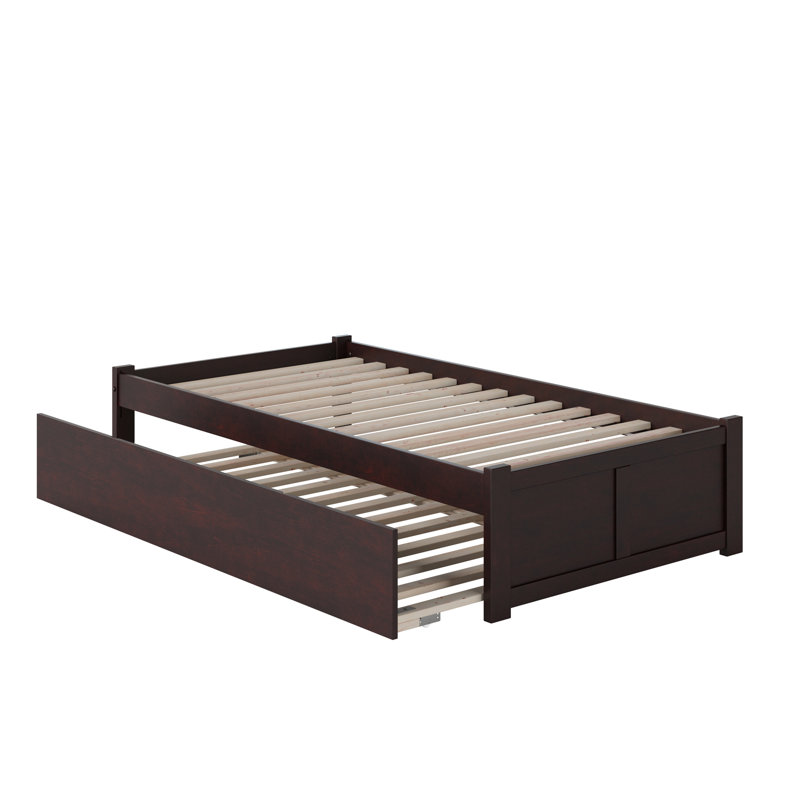 Lit plateforme en bois massif avec pied de lit et lit gigogne Concorde, Espresso, Lit jumeau extra long