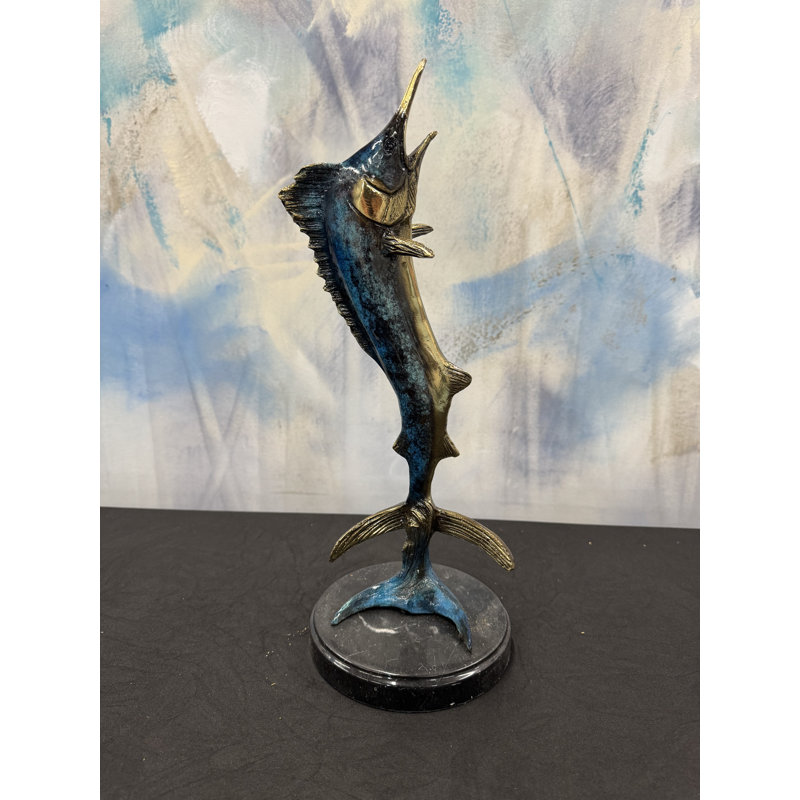 Sculptures & Beyond Marlin Cast Bronze Sculpture – Lost-Wax Bronze with Hand-Applied Patina on Black Marble Base – Coastal & Nautical Decorative Art for Home, Office & Yacht Décor – Azure Spear – 16"H