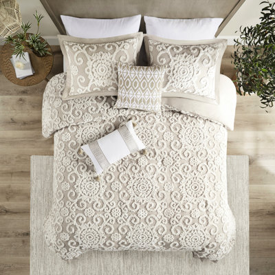 Édredon très grand en coton taupe avec broderie 100% chenille magnifique