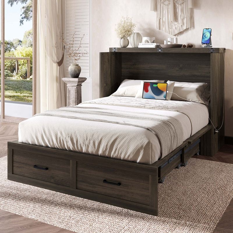 Lit escamotable double avec station de charge et grand tiroir de rangement, Gris, Lit double
