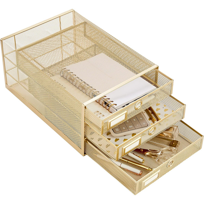 Everly Quinn Wire Mesh Desk Organizer 3 Drawer Sorter - Gold
