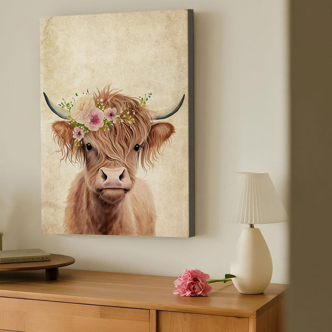 Highland Cow Canvas Wall Decor Funny Cow With Pink Flowers Wall Art Print Retro Animal Framed Artwork For Living Room Bedroom Children's Room Home Dec