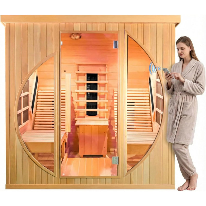ZONEMEL Full Spectrum Infrared 2 Person Wooden Sauna Room with Recliner, Canadian Hemlock Luxury Indoor Sauna with 9 Heaters, WiFi Control, 3400 Watt, Infrared Therapy Wood Dry Heat Sauna, 220V