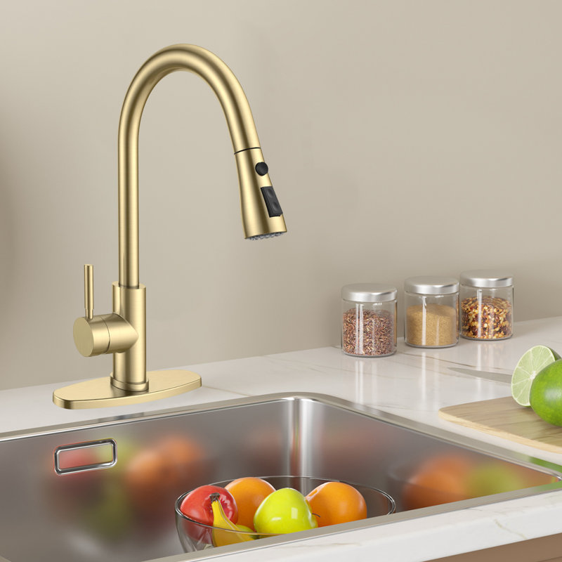Stainless Steel Kitchen Faucet With Pull-Down Sprayer, High Arc Single Handle, Suitable For 1 Or 3 Holes., Gold
